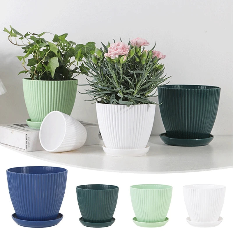 Plastic Planters Round Plant Pots with Tray Succulent Flowerpots Plants Garden Flower Nursery Pot Bedroom Office Flower Pot