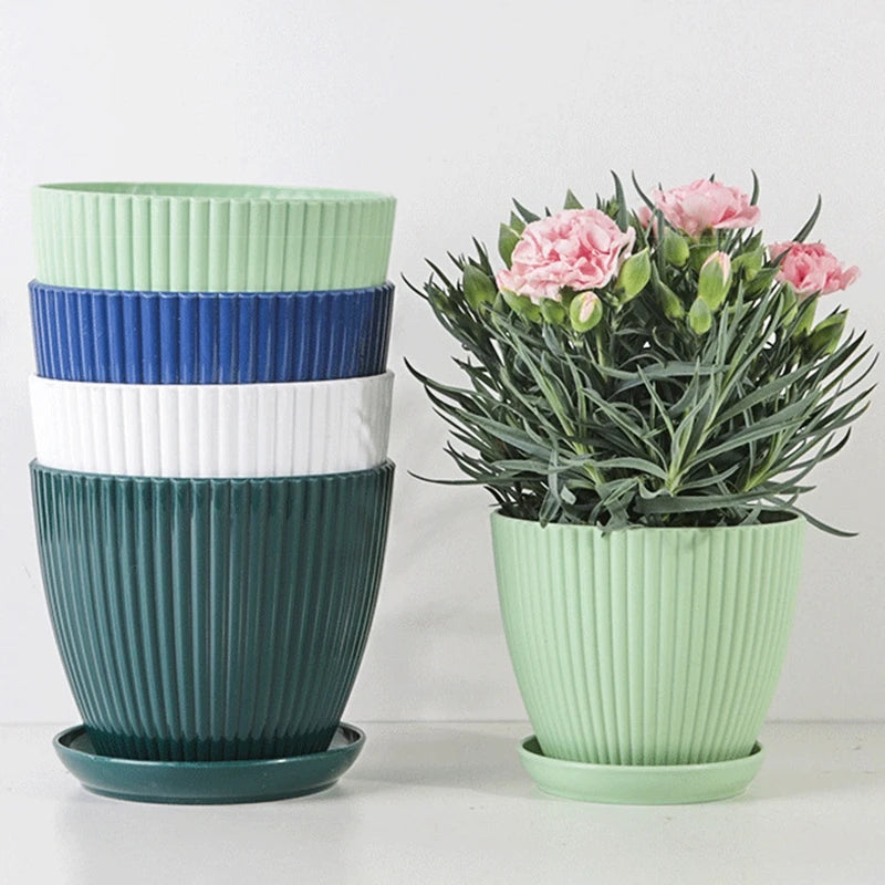 Plastic Planters Round Plant Pots with Tray Succulent Flowerpots Plants Garden Flower Nursery Pot Bedroom Office Flower Pot