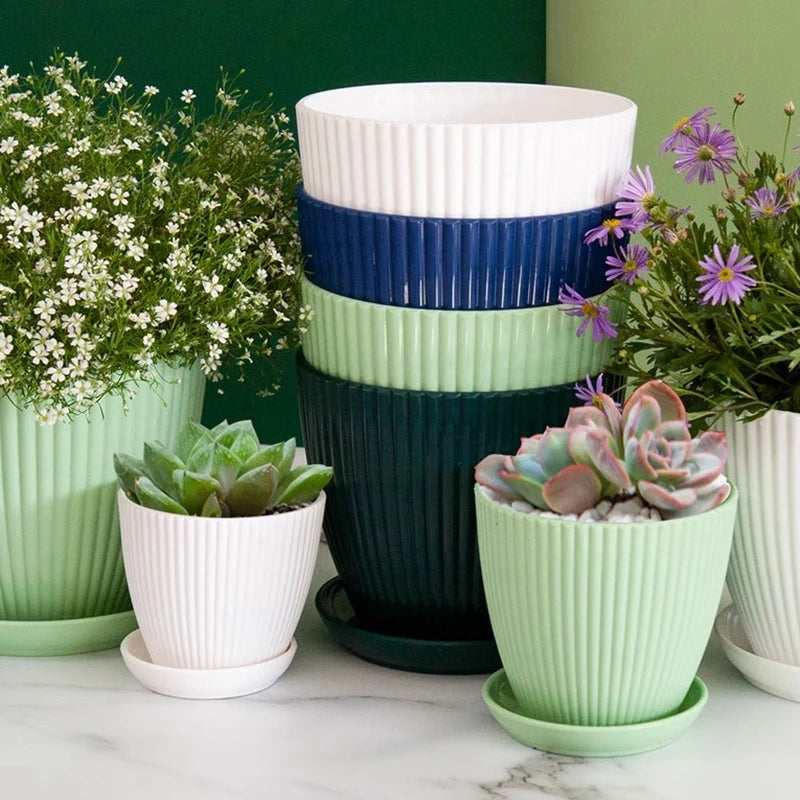 Plastic Planters Round Plant Pots with Tray Succulent Flowerpots Plants Garden Flower Nursery Pot Bedroom Office Flower Pot